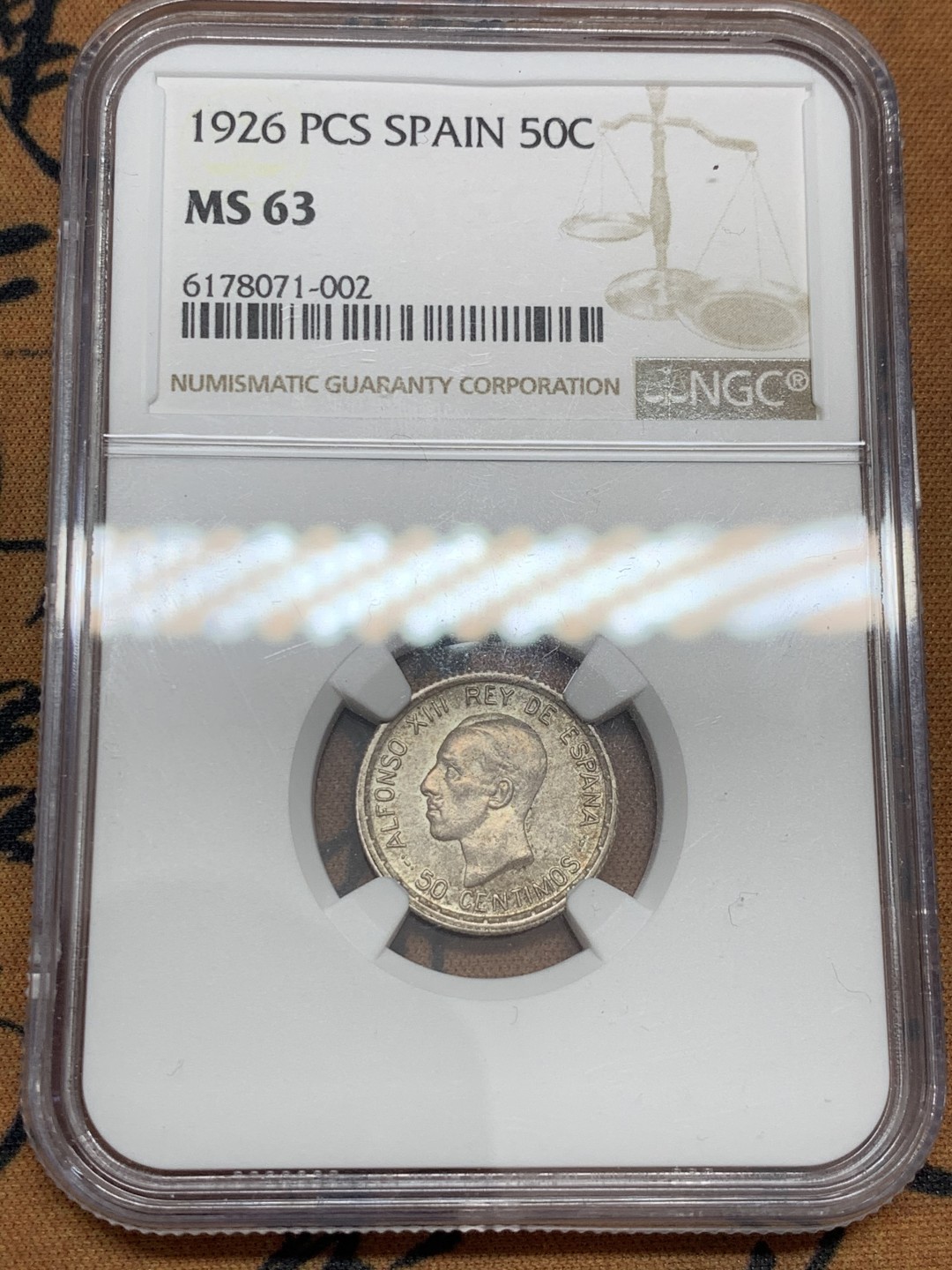 《竞宝斋》第39，40场-本周日，周一2场连拍（全场顺丰包邮） NGC MS63 西班牙 1926年 阿方索十三世 50分 银币