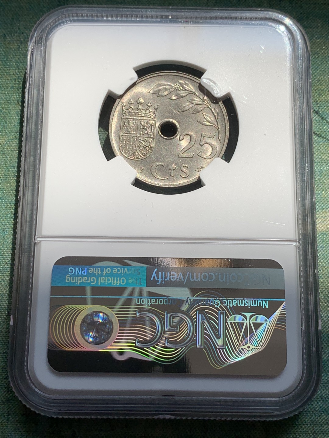 《竞宝斋》第39，40场-本周日，周一2场连拍（全场顺丰包邮） NGC-MS62 西班牙 1937年 内战版 25分 原光镍币 好品非常少