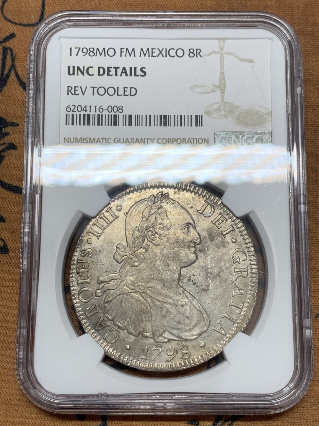 《竞宝斋》第39，40场-本周日，周一2场连拍（全场顺丰包邮） NGC-UNCD  1798  西属墨西哥 卡洛斯四世    8里亚尔  早期年份 原味原光  