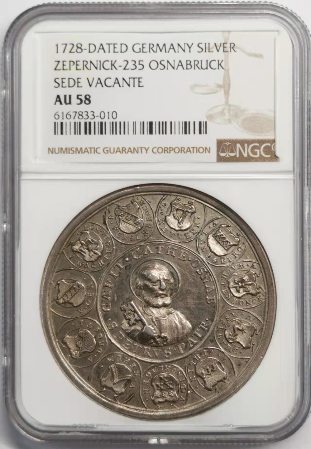 凡希社世界钱币微拍第一百九十二期 稀！1728奥斯纳布吕克主教缺位银章NGC-AU58