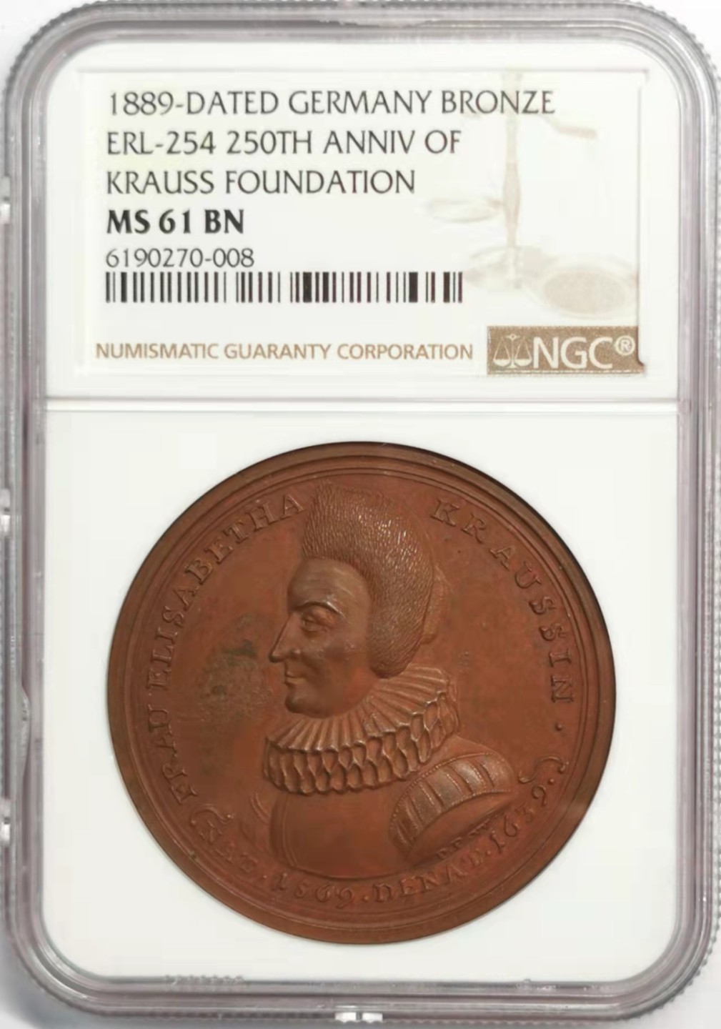 凡希社世界钱币微拍第一百九十二期 1889德国FOUNDATION逝世250周年纪念铜章NGC-MS61