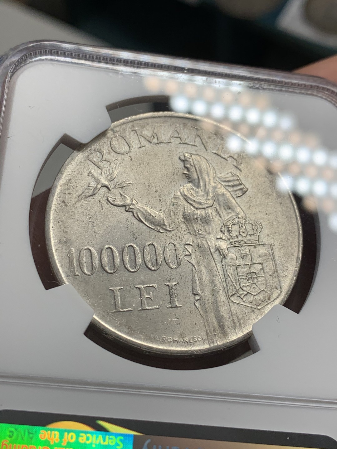 《竞宝斋》第39，40场-本周日，周一2场连拍（全场顺丰包邮） NGC-MS62 罗马尼亚 1946年 100000列伊 转光好品大银币 NGC标签把年份和面值都写错了