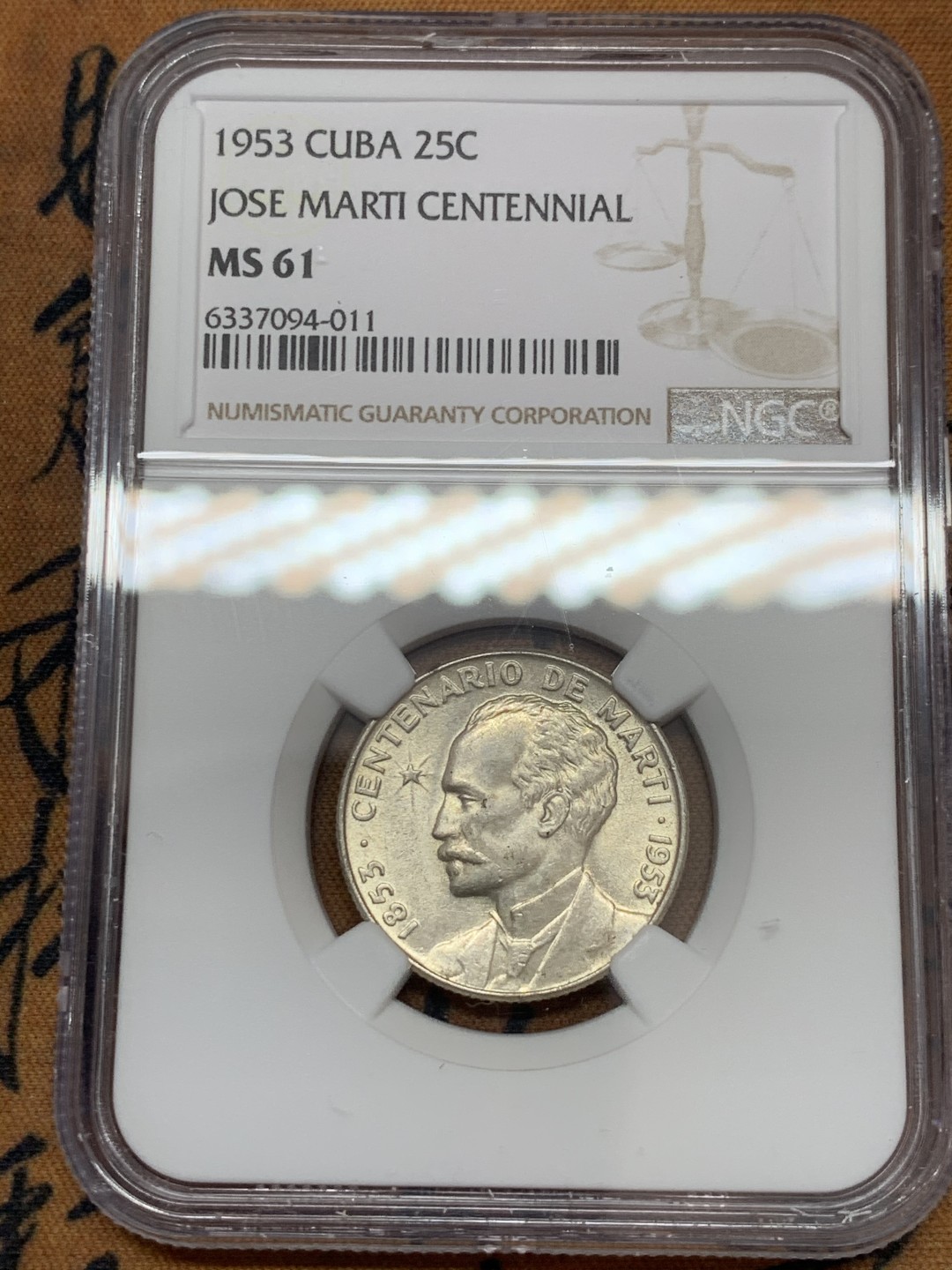 《竞宝斋》第39，40场-本周日，周一2场连拍（全场顺丰包邮） NGC-MS61 古巴 1953年 何塞马丁百年纪念 25分 原光银币 热门品种