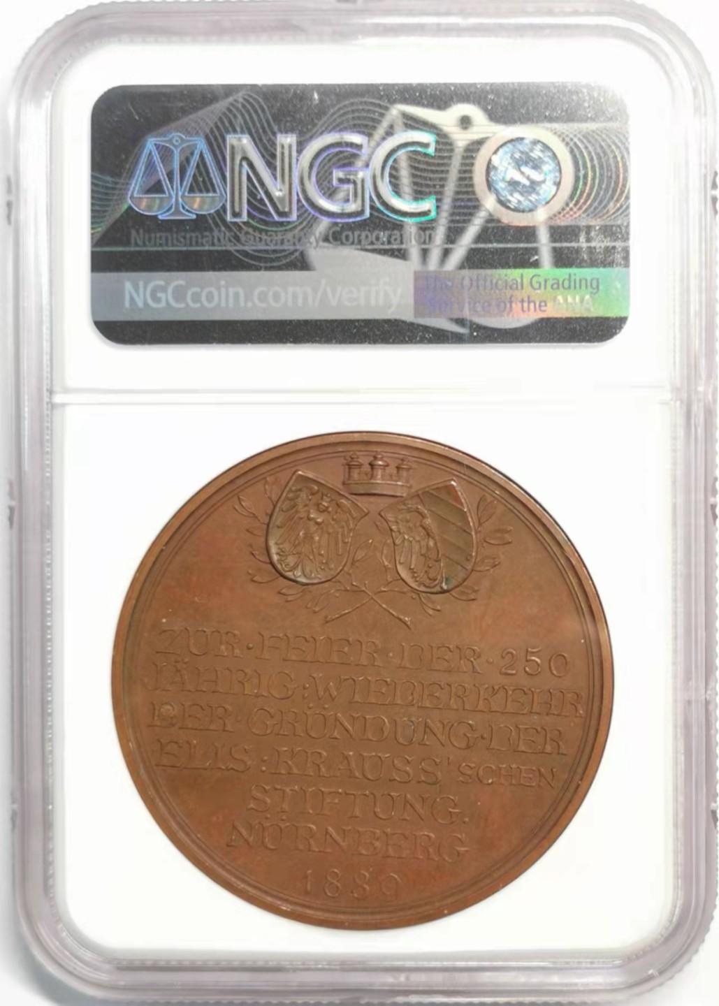 凡希社世界钱币微拍第一百九十二期 1889德国FOUNDATION逝世250周年纪念铜章NGC-MS61
