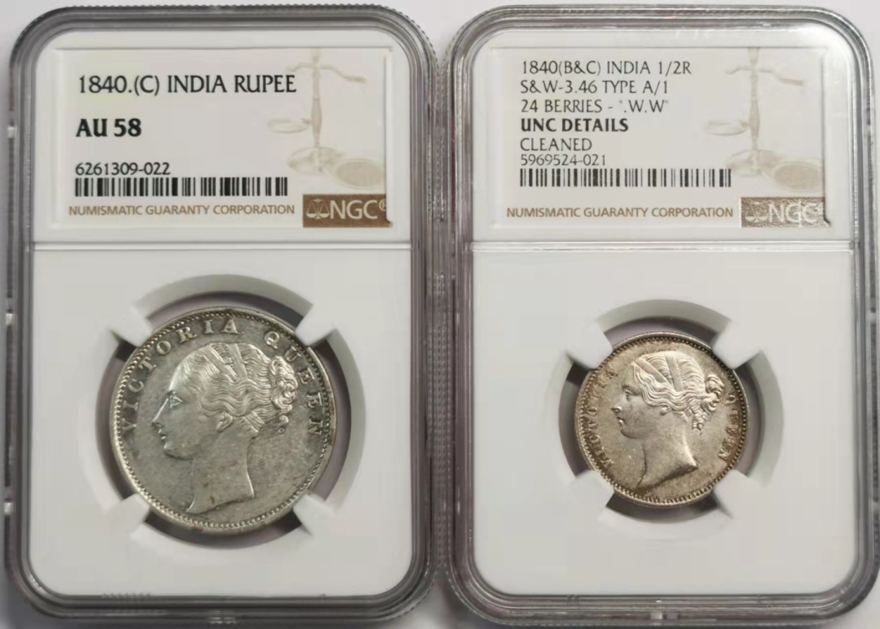 凡希社世界钱币微拍第一百九十二期 1840东印度公司小维卢比半卢比一对NGC状态不错