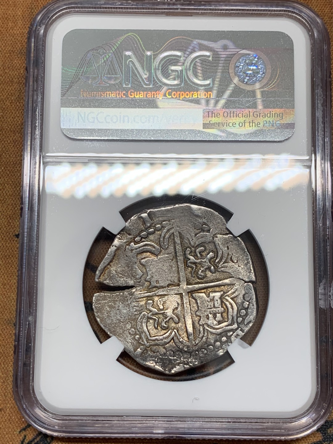 《竞宝斋》第39，40场-本周日，周一2场连拍（全场顺丰包邮） NGC-VF35 西班牙塞维利亚 1624-1648年 费利佩四世 4R 手打银币 本土COB半圆尺寸 非常稀少