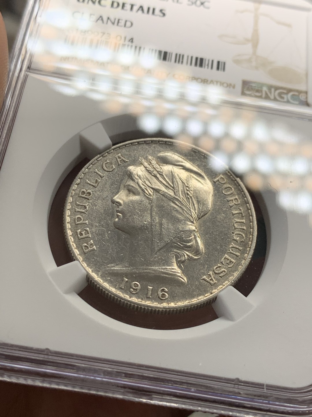 《竞宝斋》第39，40场-本周日，周一2场连拍（全场顺丰包邮） NGC 评级 1916年 葡萄牙女神 50C 半元型 银币