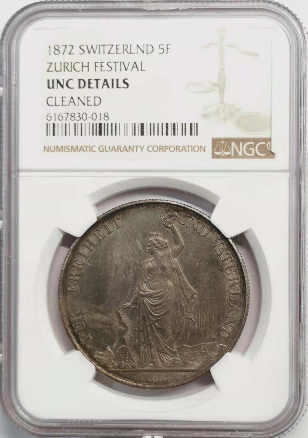 凡希社世界钱币微拍第一百九十二期 1872苏黎世射击节5法郎NGC-UNCD实物非常漂亮！