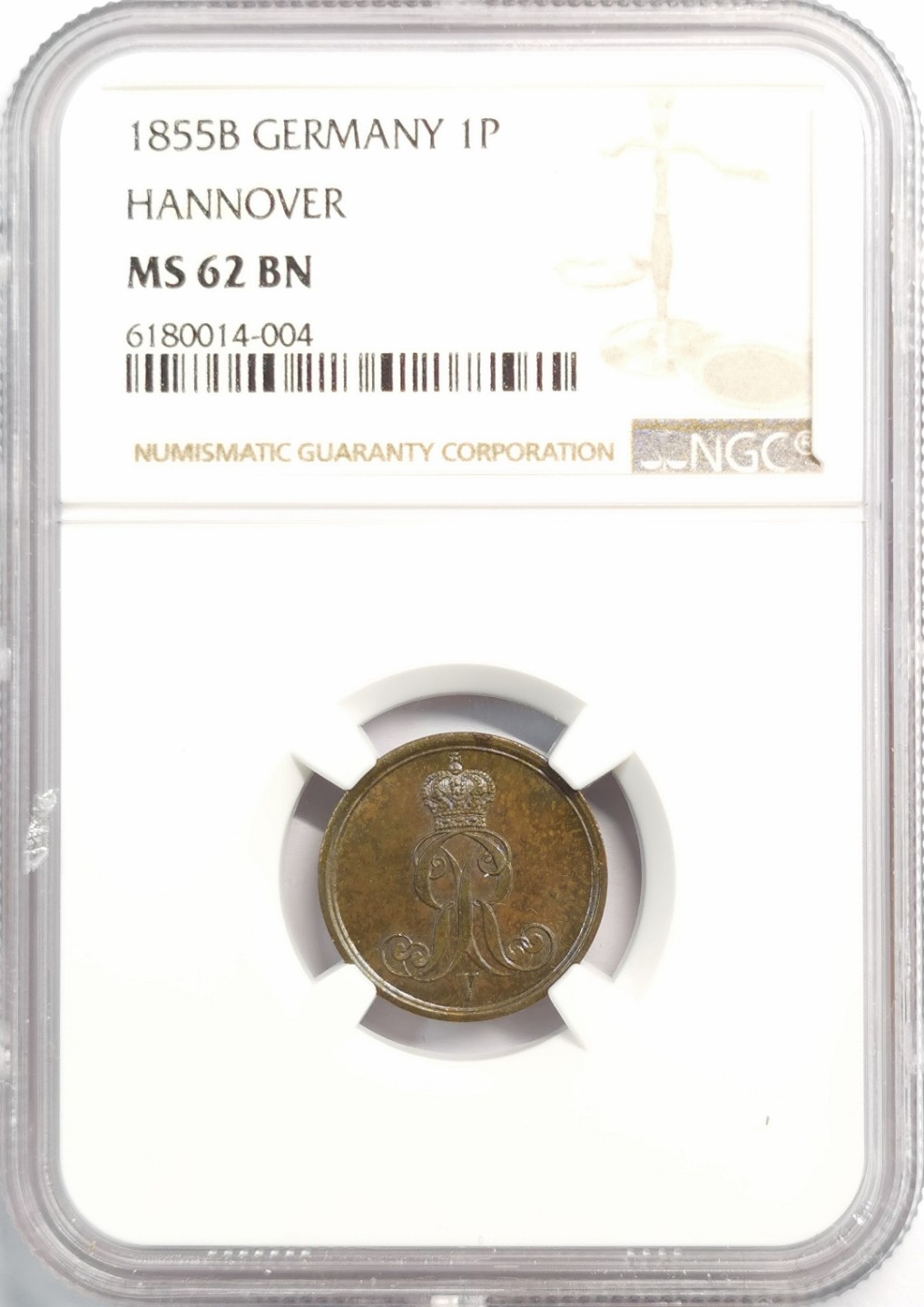 凡希社世界钱币微拍第一百九十二期 1855汉诺威芬尼铜币NGC-MS62