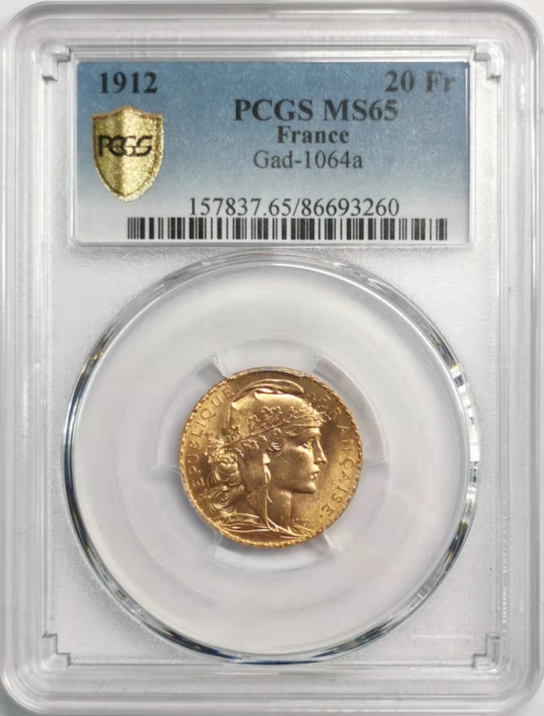 凡希社世界钱币微拍第一百九十二期 1912法国20法郎金币PCGS-MS65