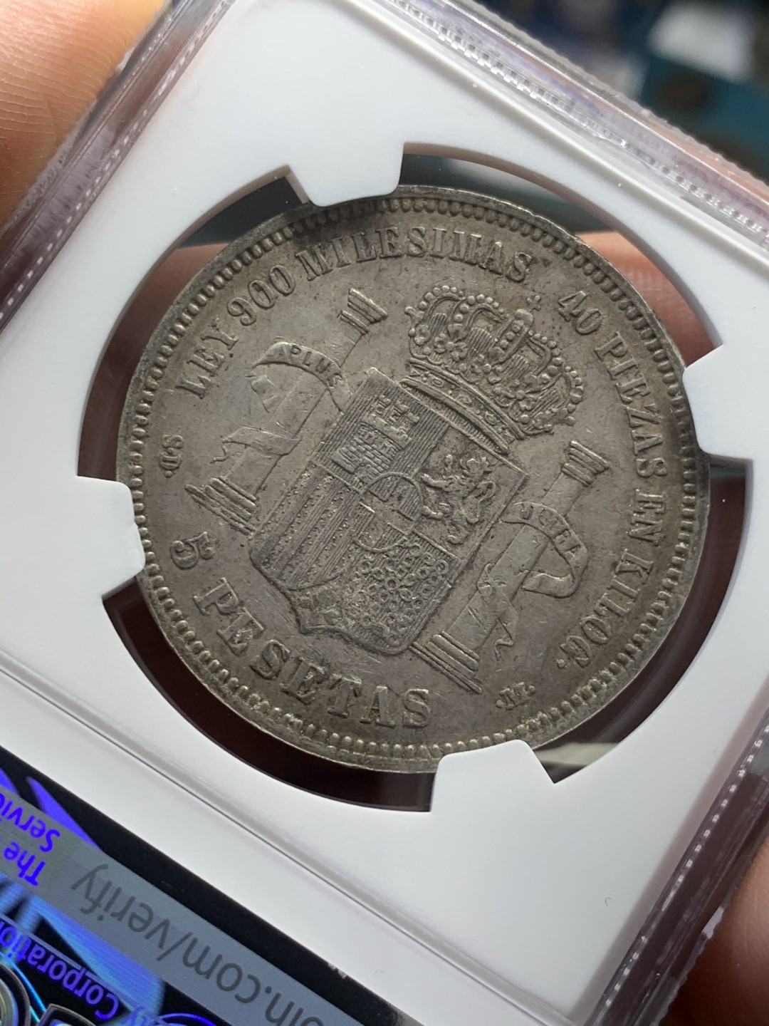 《竞宝斋》第39，40场-本周日，周一2场连拍（全场顺丰包邮） NGC-XF45 西班牙 1871年 阿玛德欧 5比塞塔双柱 大银币 原味好品 细节清晰