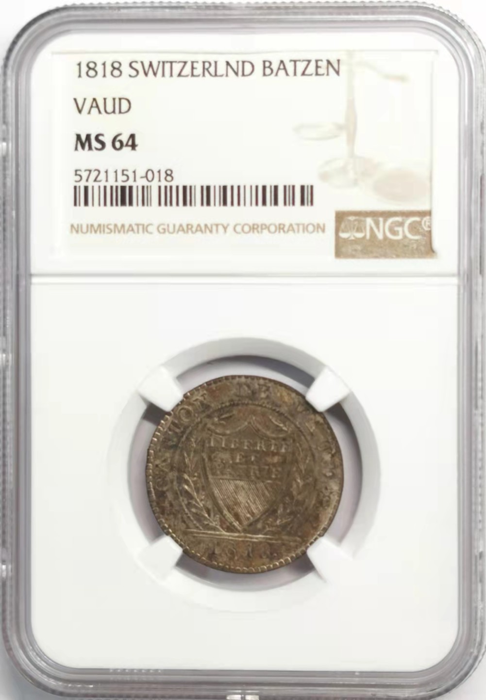 凡希社世界钱币微拍第一百九十二期 1818瑞士沃州BATZEN银辅币NGC-MS64