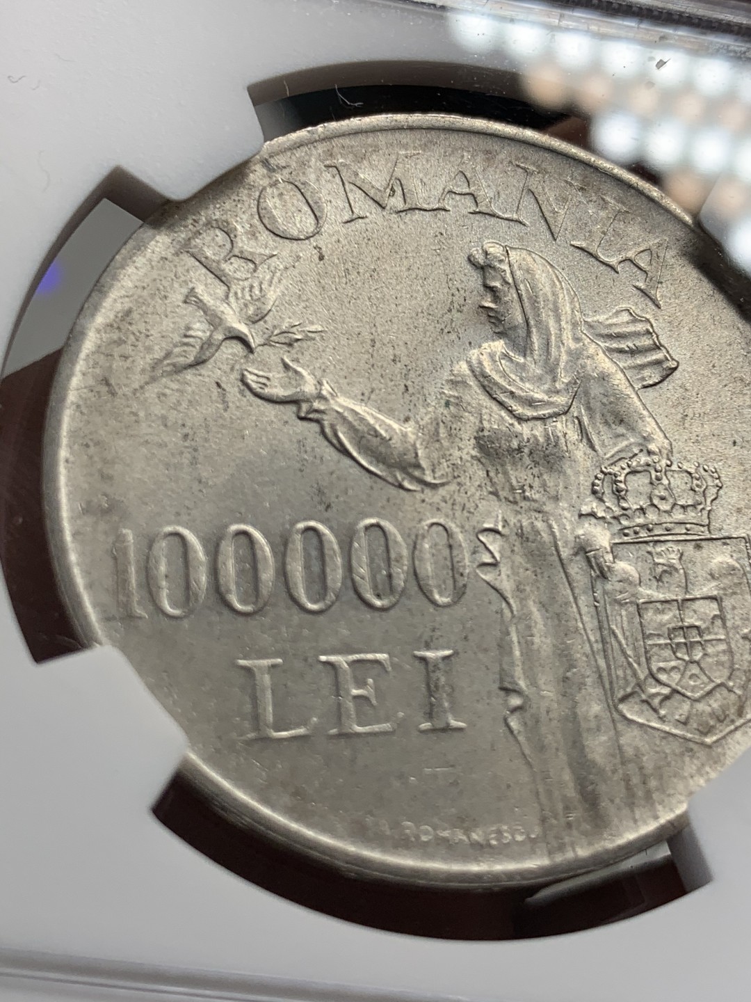 《竞宝斋》第39，40场-本周日，周一2场连拍（全场顺丰包邮） NGC-MS62 罗马尼亚 1946年 100000列伊 转光好品大银币 NGC标签把年份和面值都写错了