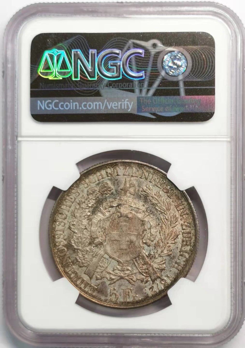 凡希社世界钱币微拍第一百九十二期 1872苏黎世射击节5法郎NGC-UNCD实物非常漂亮！