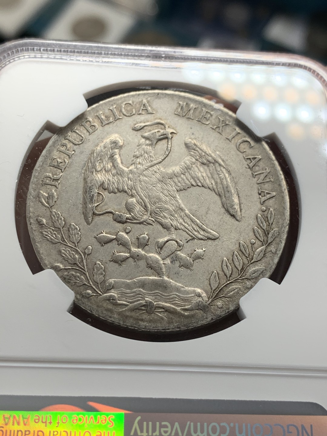 《竞宝斋》第39，40场-本周日，周一2场连拍（全场顺丰包邮） NGC-AU53  1891 墨西哥鹰洋 8 里亚尔 阿拉莫斯厂  原味难得