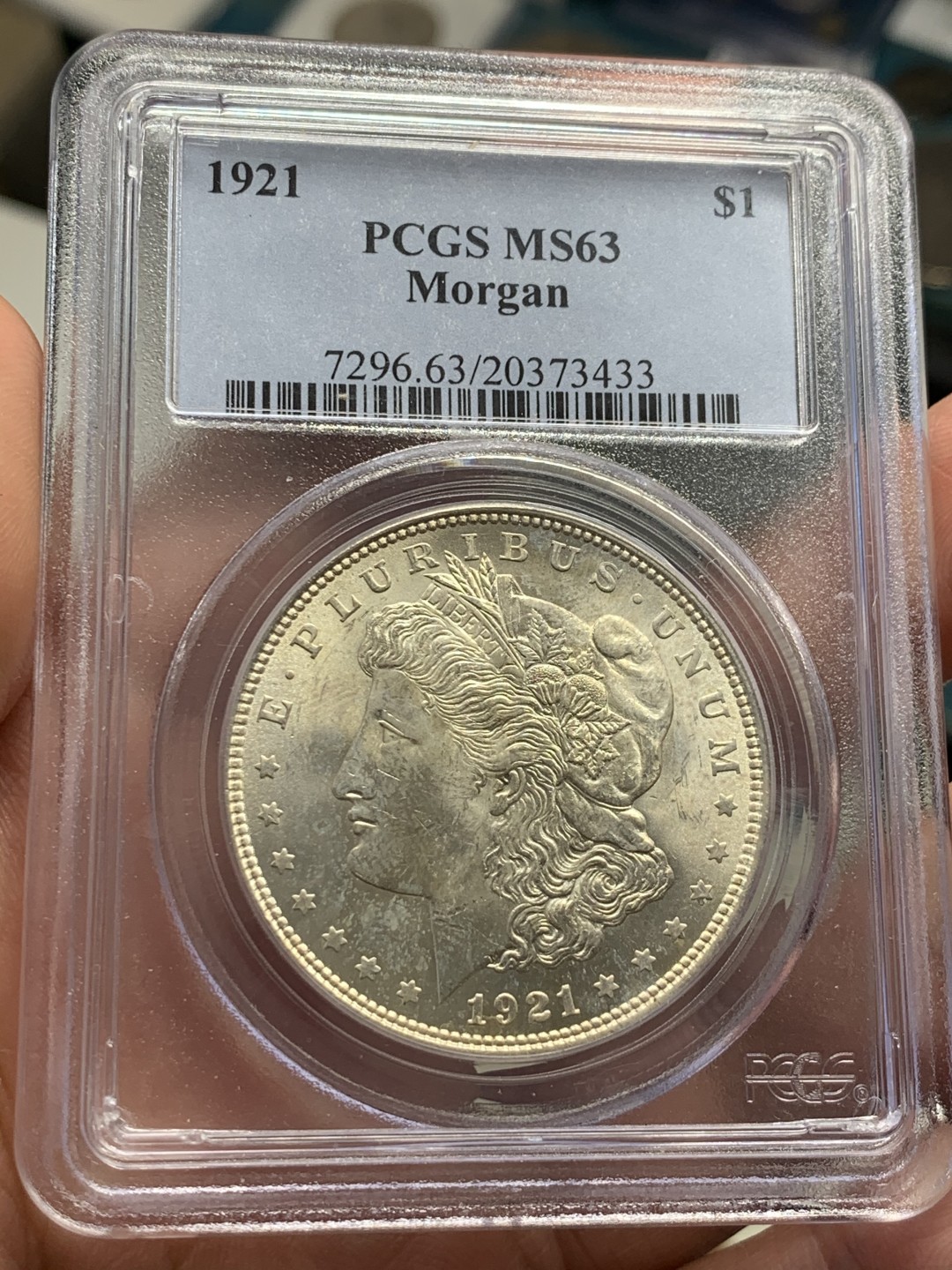 《竞宝斋》第39，40场-本周日，周一2场连拍（全场顺丰包邮） PCGS MS63 美国 1921年 摩根银元 早期老盒