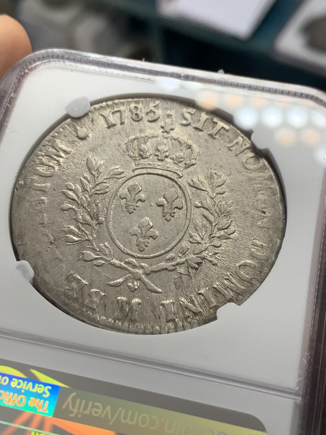 《竞宝斋》第39，40场-本周日，周一2场连拍（全场顺丰包邮） NGC-AU53 法国 1785-M年 路易十六 老ECU 大银币 原光好品 机铸纹非常清晰 难得