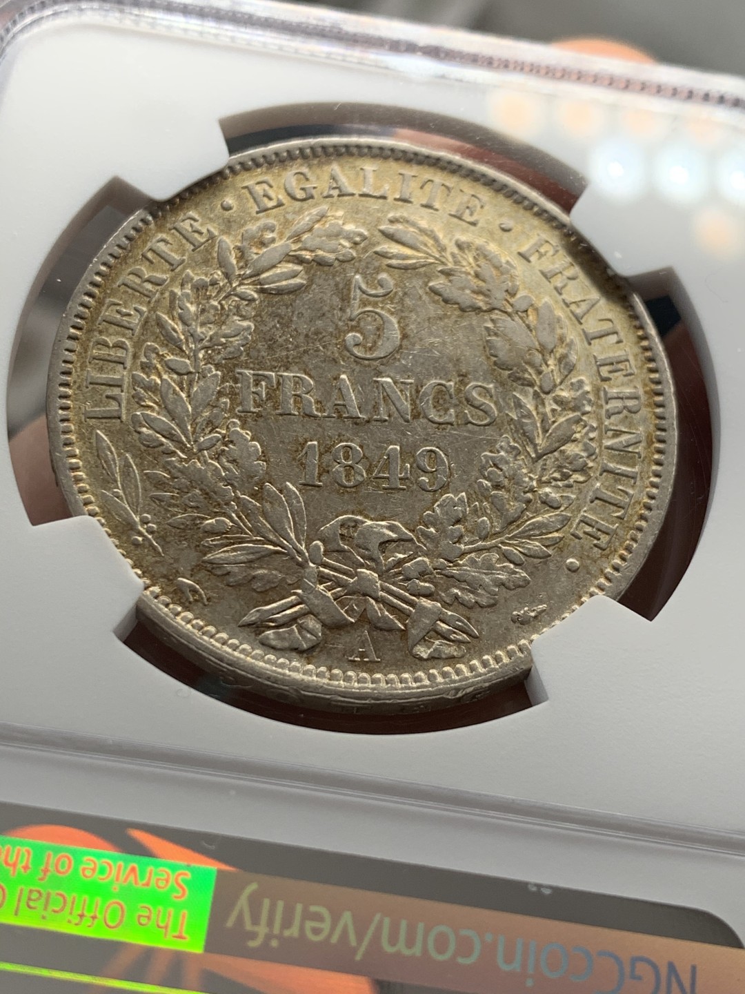 《竞宝斋》第39，40场-本周日，周一2场连拍（全场顺丰包邮） NGC-AU 法国 1849年 谷物女神 5法郎 大银币 背面金彩 非常漂亮 可惜说有洗没给分