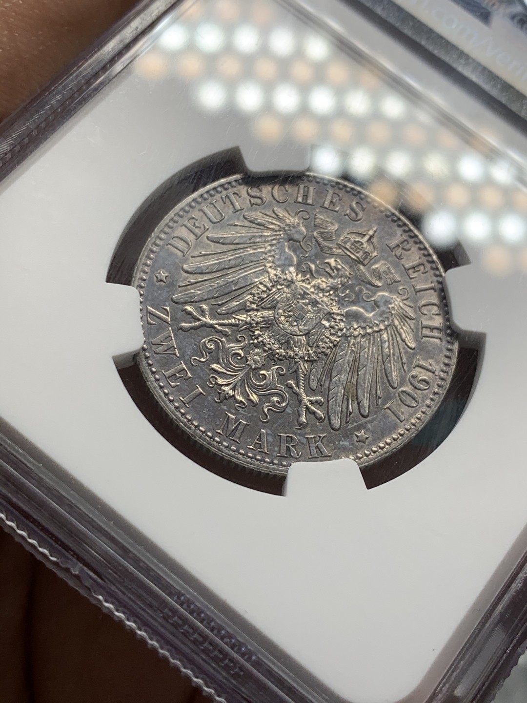 《竞宝斋》第39，40场-本周日，周一2场连拍（全场顺丰包邮） NGC 评级 1901年 德国普鲁士 200周年 五彩 2马克 银币