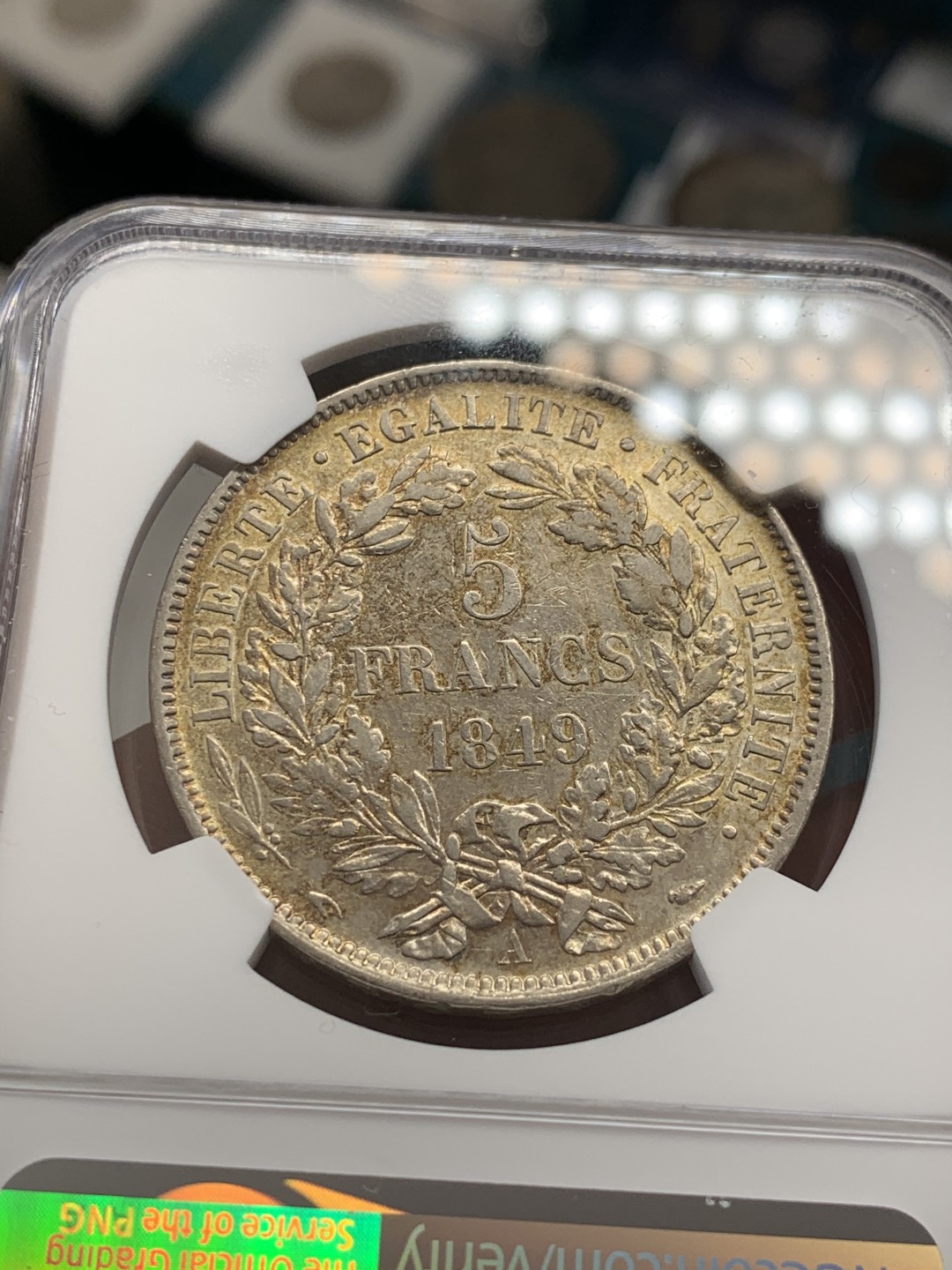 《竞宝斋》第39，40场-本周日，周一2场连拍（全场顺丰包邮） NGC-AU 法国 1849年 谷物女神 5法郎 大银币 背面金彩 非常漂亮 可惜说有洗没给分