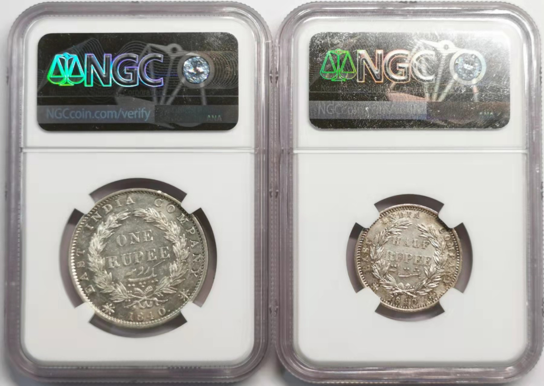 凡希社世界钱币微拍第一百九十二期 1840东印度公司小维卢比半卢比一对NGC状态不错
