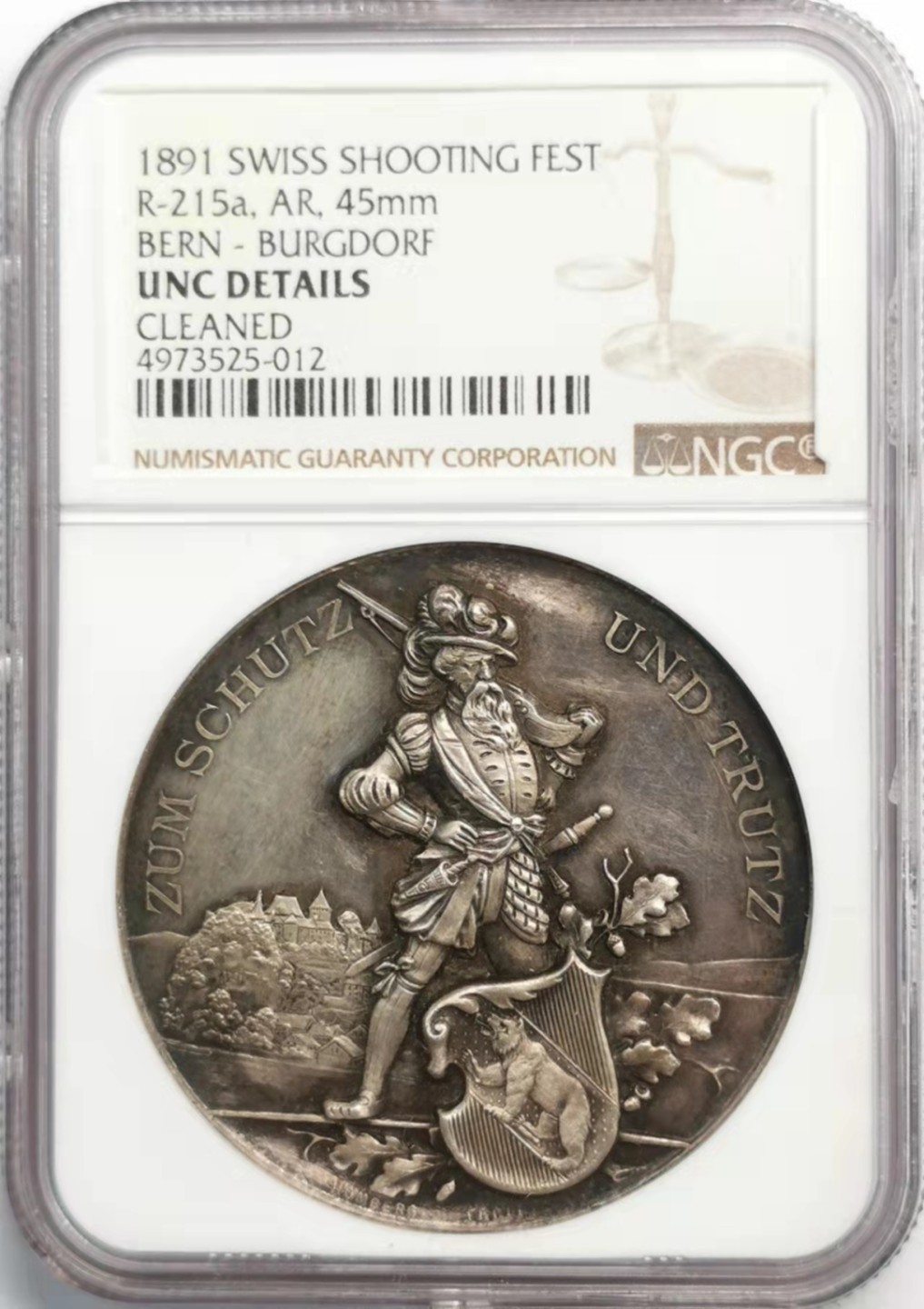 凡希社世界钱币微拍第一百九十二期 1891伯尔尼-布尔多夫射击节纪念银章NGC-UNCD