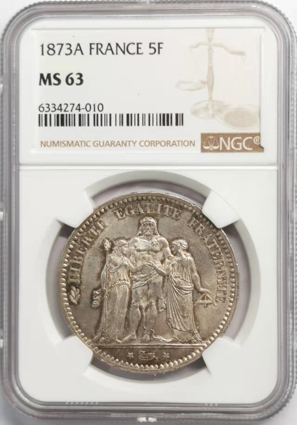 凡希社世界钱币微拍第一百九十二期 1873A法国大力神赫拉克勒斯5法郎NGC-MS63