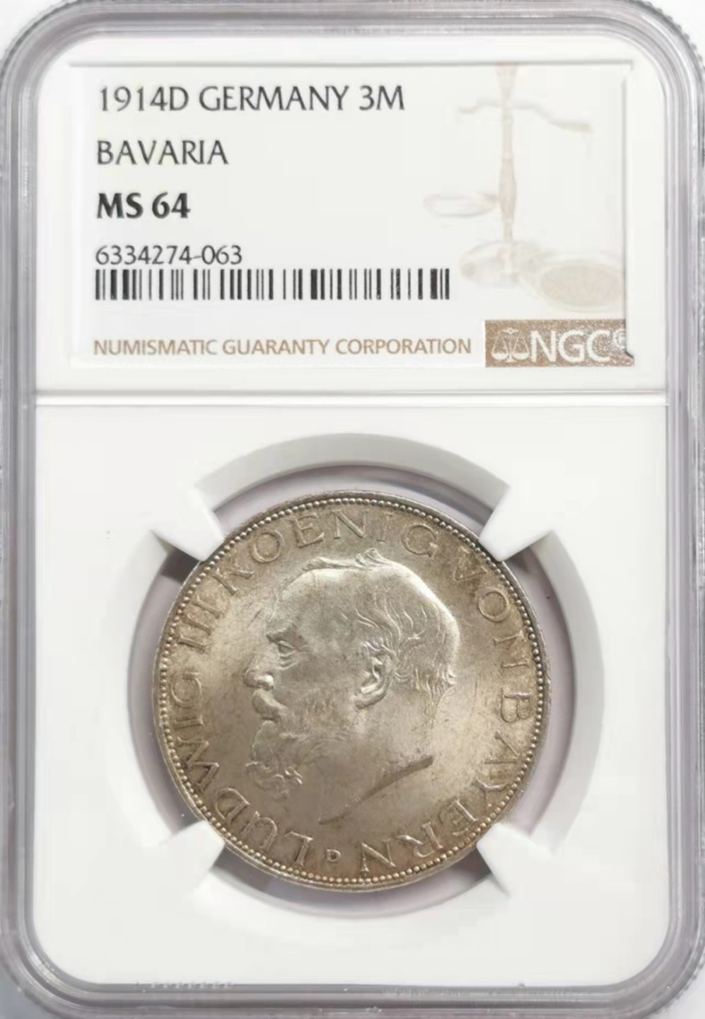 凡希社世界钱币微拍第一百九十二期 1914巴伐利亚3马克NGC-MS64
