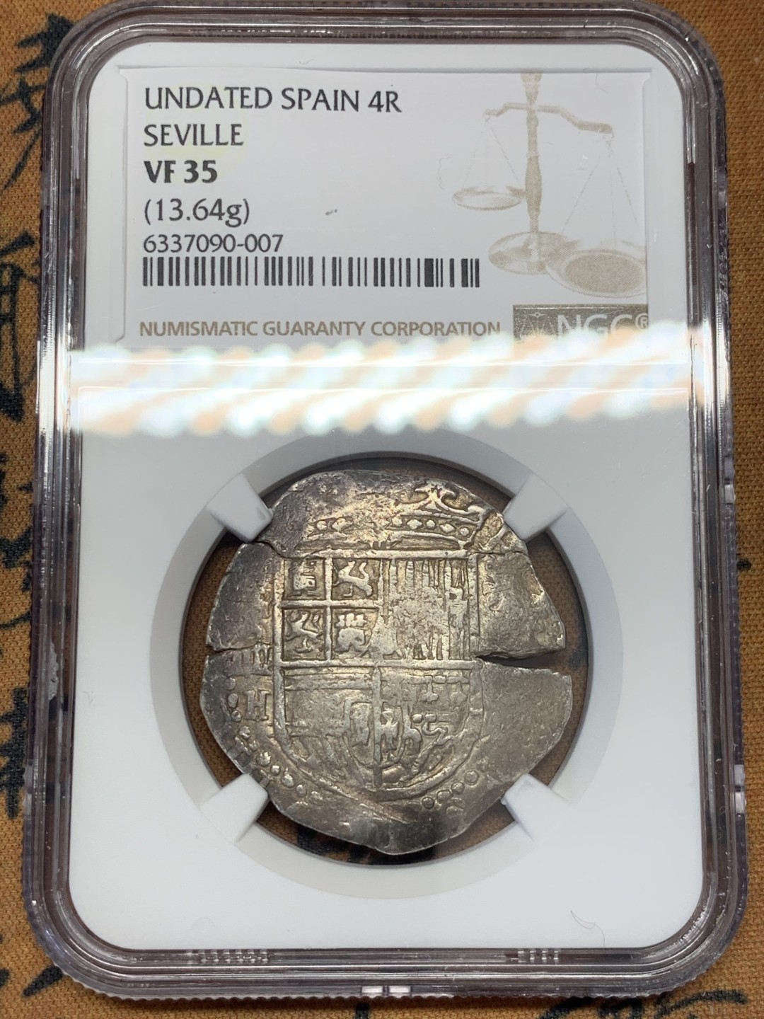 《竞宝斋》第39，40场-本周日，周一2场连拍（全场顺丰包邮） NGC-VF35 西班牙塞维利亚 1624-1648年 费利佩四世 4R 手打银币 本土COB半圆尺寸 非常稀少