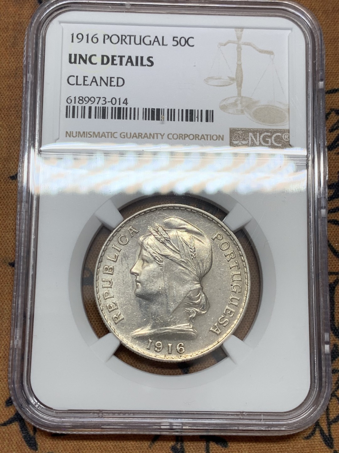 《竞宝斋》第39，40场-本周日，周一2场连拍（全场顺丰包邮） NGC 评级 1916年 葡萄牙女神 50C 半元型 银币