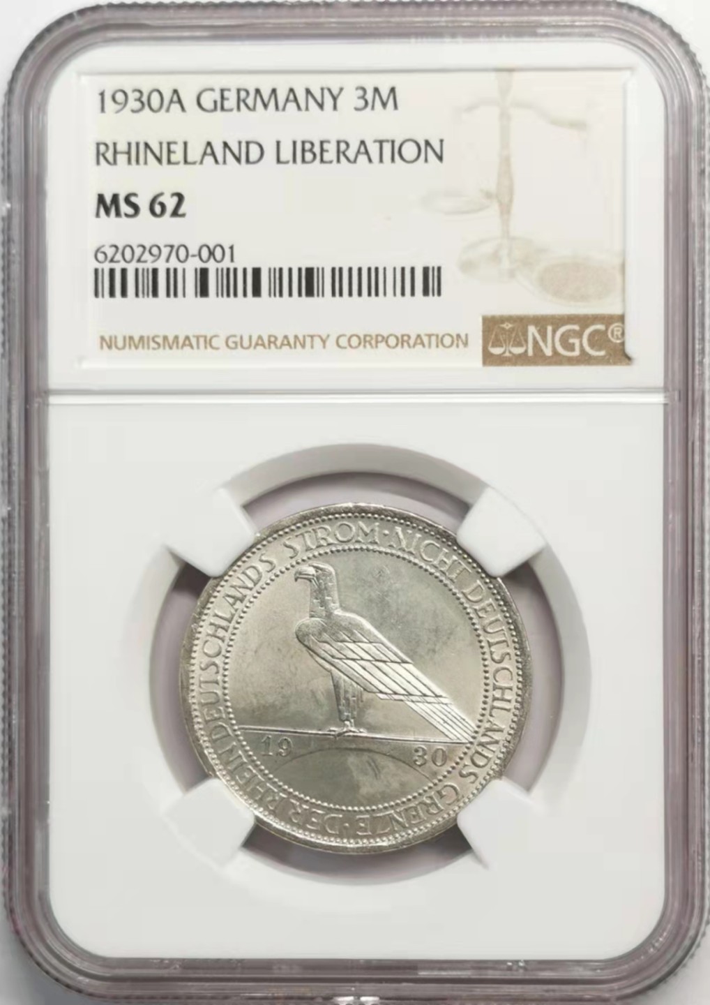 凡希社世界钱币微拍第一百九十二期 1930魏玛莱茵兰解放纪念3马克银币NGC-MS62
