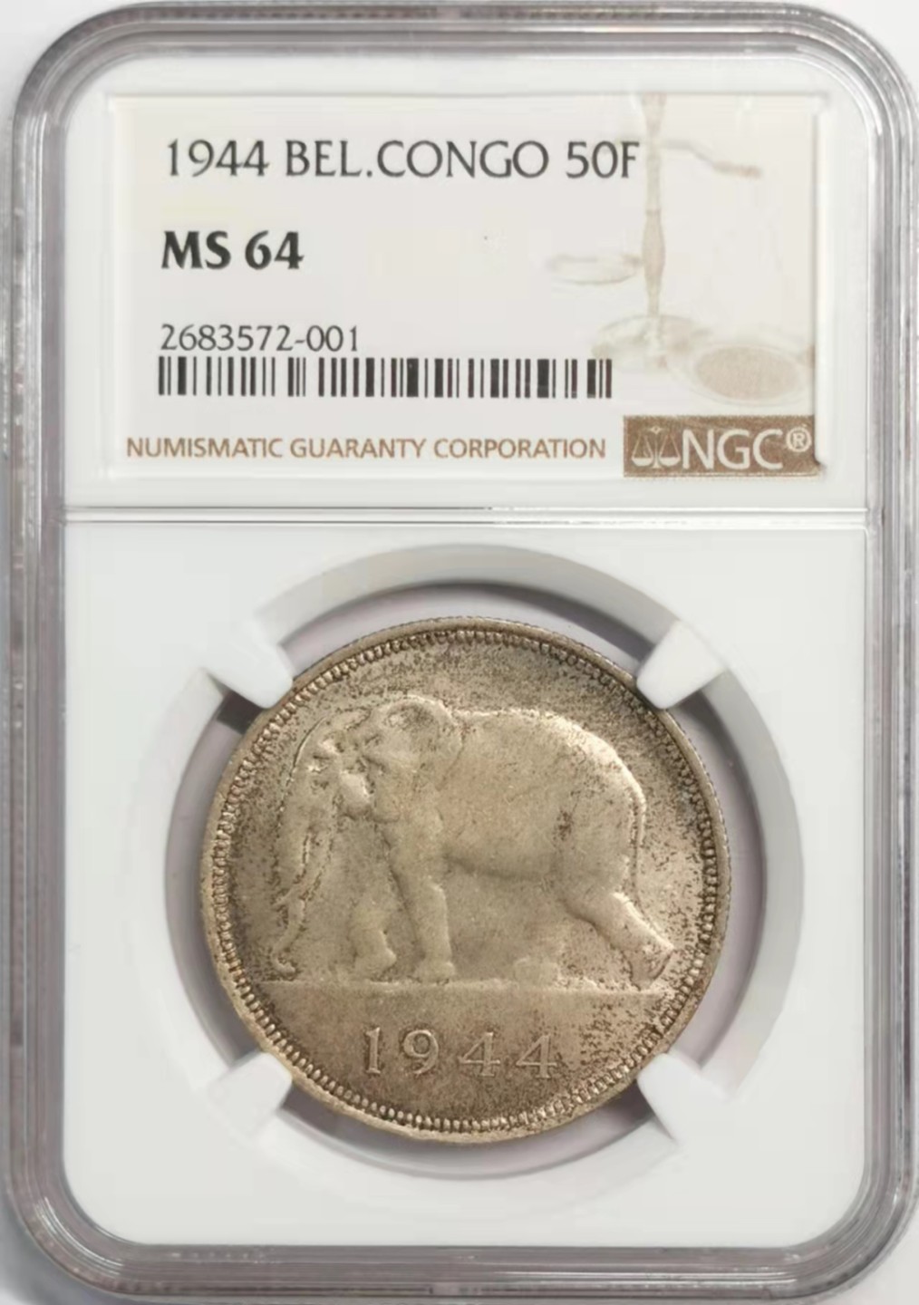 凡希社世界钱币微拍第一百九十二期 荐！1944比属刚果大象50法郎大银NGC-MS64包浆绝美！