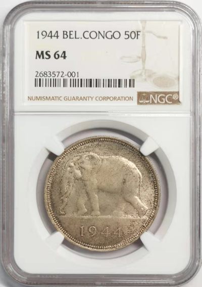 凡希社世界钱币微拍第一百九十二期 - 荐！1944比属刚果大象50法郎大银NGC-MS64包浆绝美！