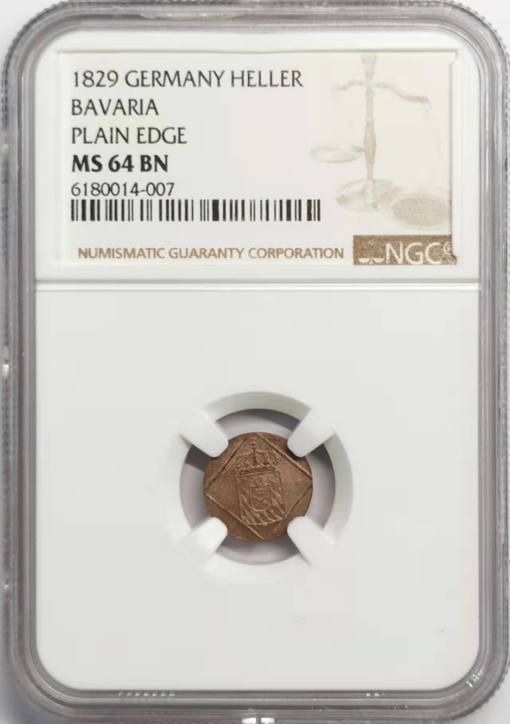 凡希社世界钱币微拍第一百九十二期 1829巴伐利亚HELLER铜币NGC-MS64