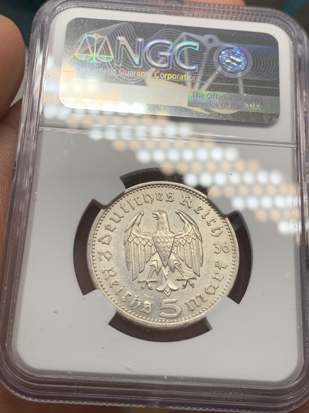 《竞宝斋》第39，40场-本周日，周一2场连拍（全场顺丰包邮） NGC 评级 德国 1936年 兴登堡 老鹰 5马克 银币