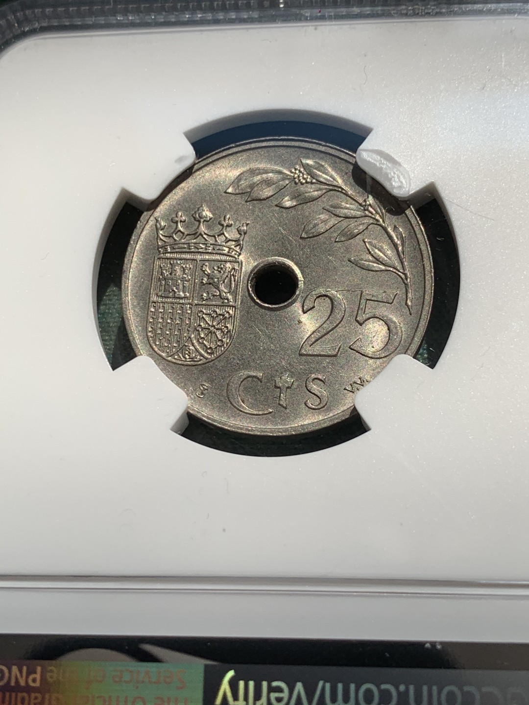 《竞宝斋》第39，40场-本周日，周一2场连拍（全场顺丰包邮） NGC-MS62 西班牙 1937年 内战版 25分 原光镍币 好品非常少