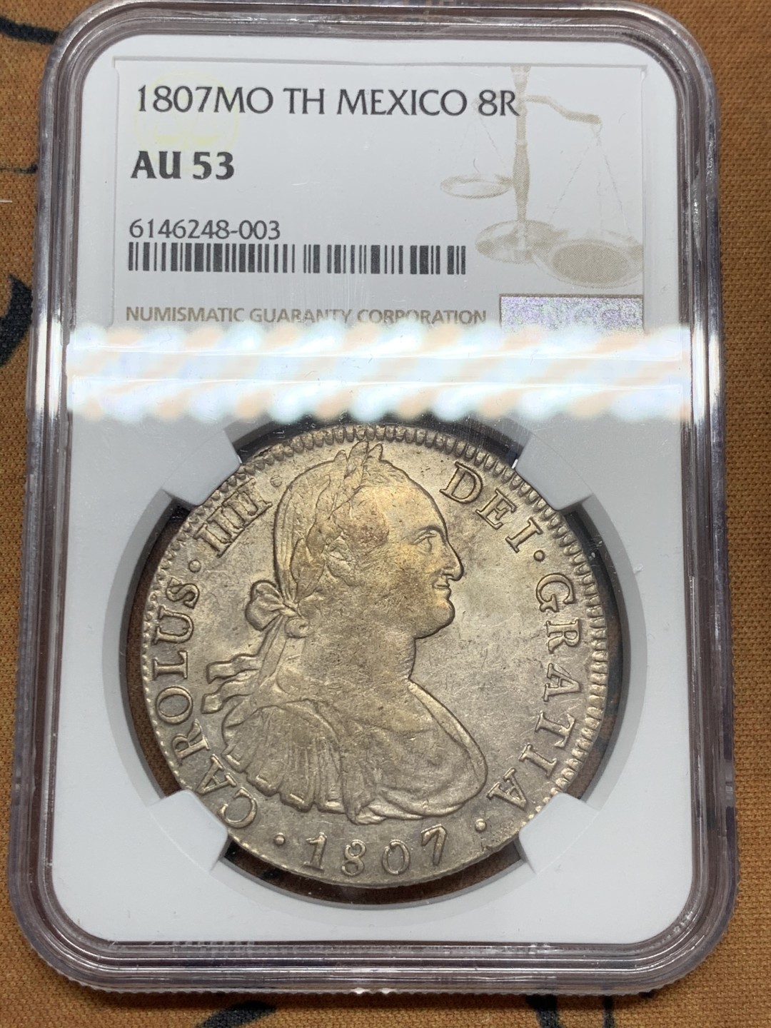《竞宝斋》第39，40场-本周日，周一2场连拍（全场顺丰包邮） NGC-AU53 墨西哥 1807年 8 里亚尔  人像双柱卡洛斯四世  银币      原味