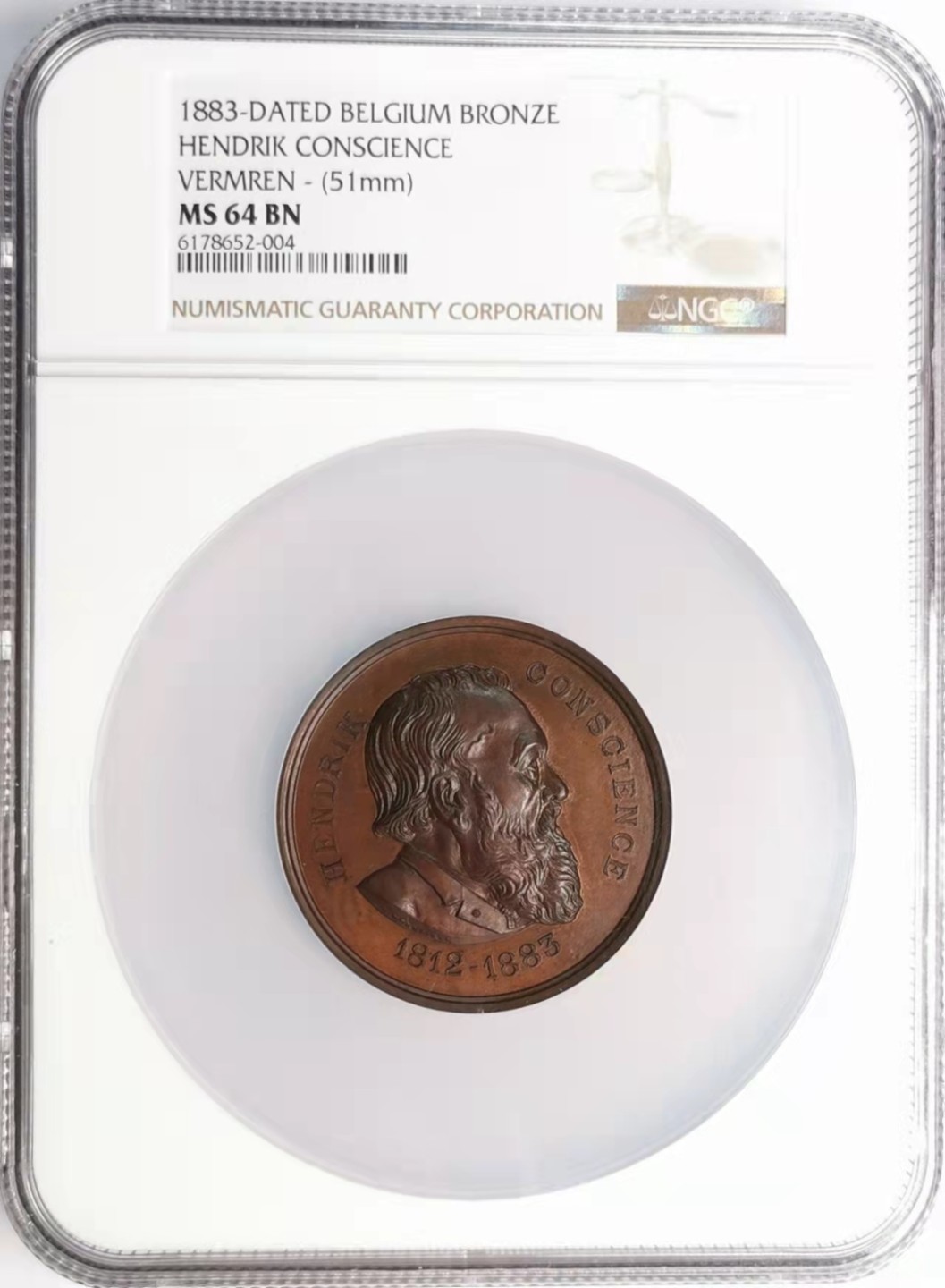 凡希社世界钱币微拍第一百九十二期 1883比利时文学家孔西延斯纪念大铜章NGC-MS64