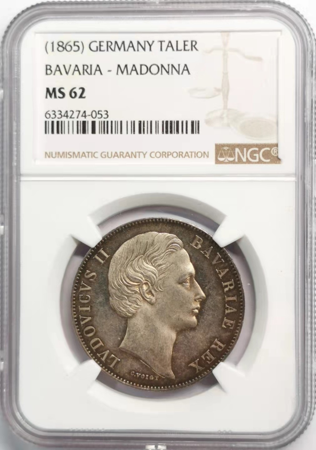 凡希社世界钱币微拍第一百九十二期 1865巴伐利亚圣母子泰勒银币NGC-MS62