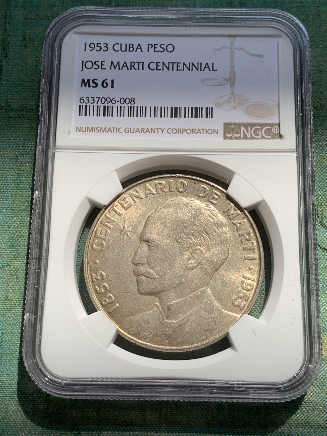 《竞宝斋》第39，40场-本周日，周一2场连拍（全场顺丰包邮） NGC-MS61 古巴 1953年 何塞马丁百年纪念 1比索 原光银币 热门品种