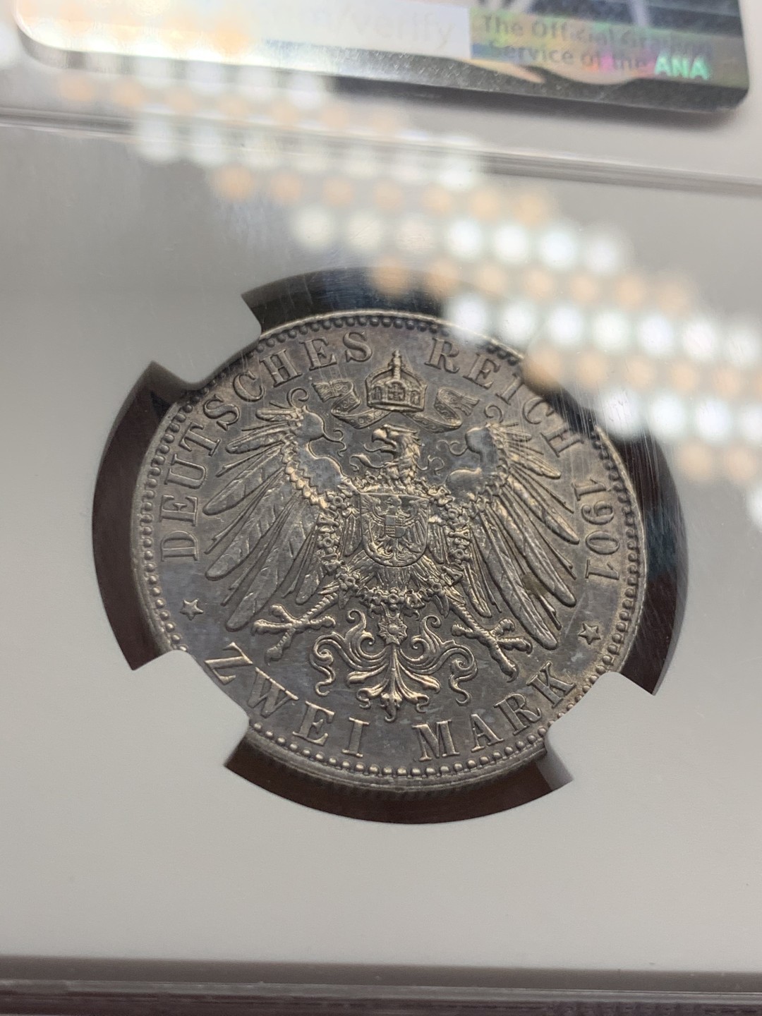 《竞宝斋》第39，40场-本周日，周一2场连拍（全场顺丰包邮） NGC 评级 1901年 德国普鲁士 200周年 五彩 2马克 银币