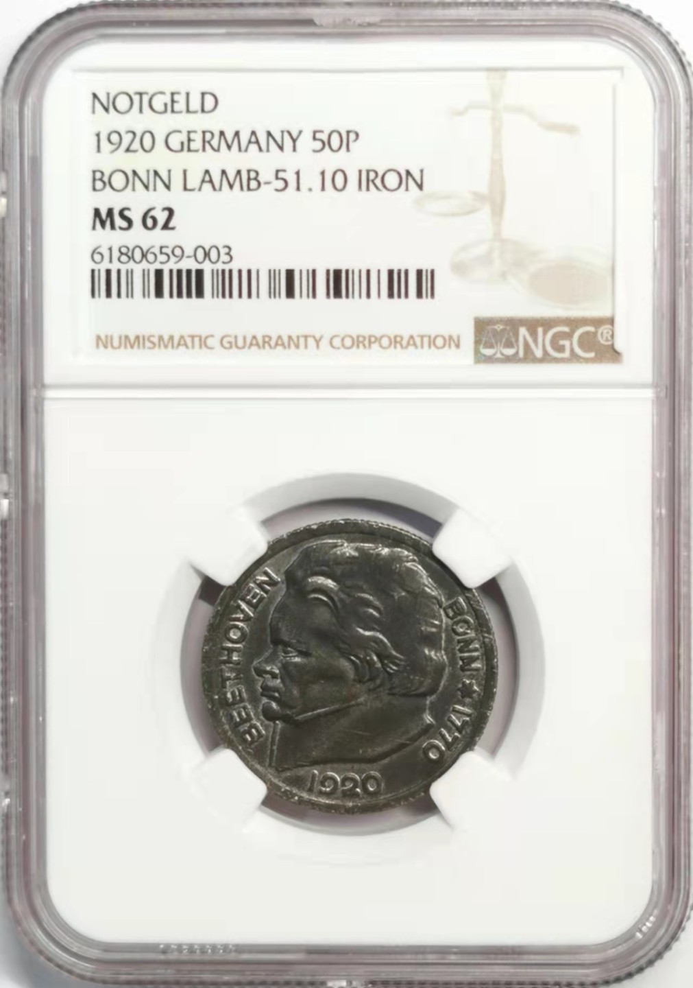 凡希社世界钱币微拍第一百九十二期 1920德紧波恩贝多芬50芬尼代用币NGC-MS62
