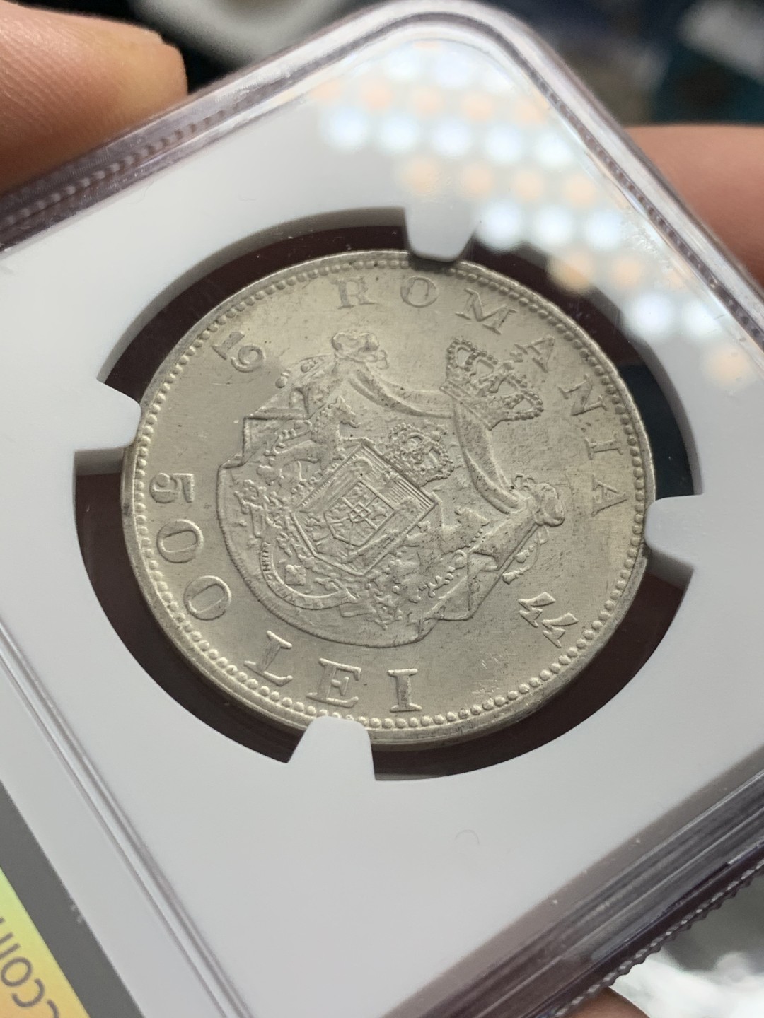 《竞宝斋》第39，40场-本周日，周一2场连拍（全场顺丰包邮） NGC-UNC 罗马尼亚 1944年 500列伊 原光银币 很漂亮的粉光 看不出哪里洗了