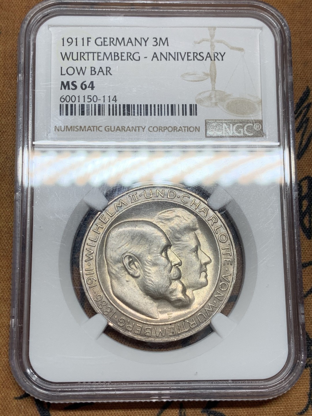 《竞宝斋》第39，40场-本周日，周一2场连拍（全场顺丰包邮） NGC-MS64 德国 1911年 符腾堡 银婚3马克银币 淡彩包浆值得收藏