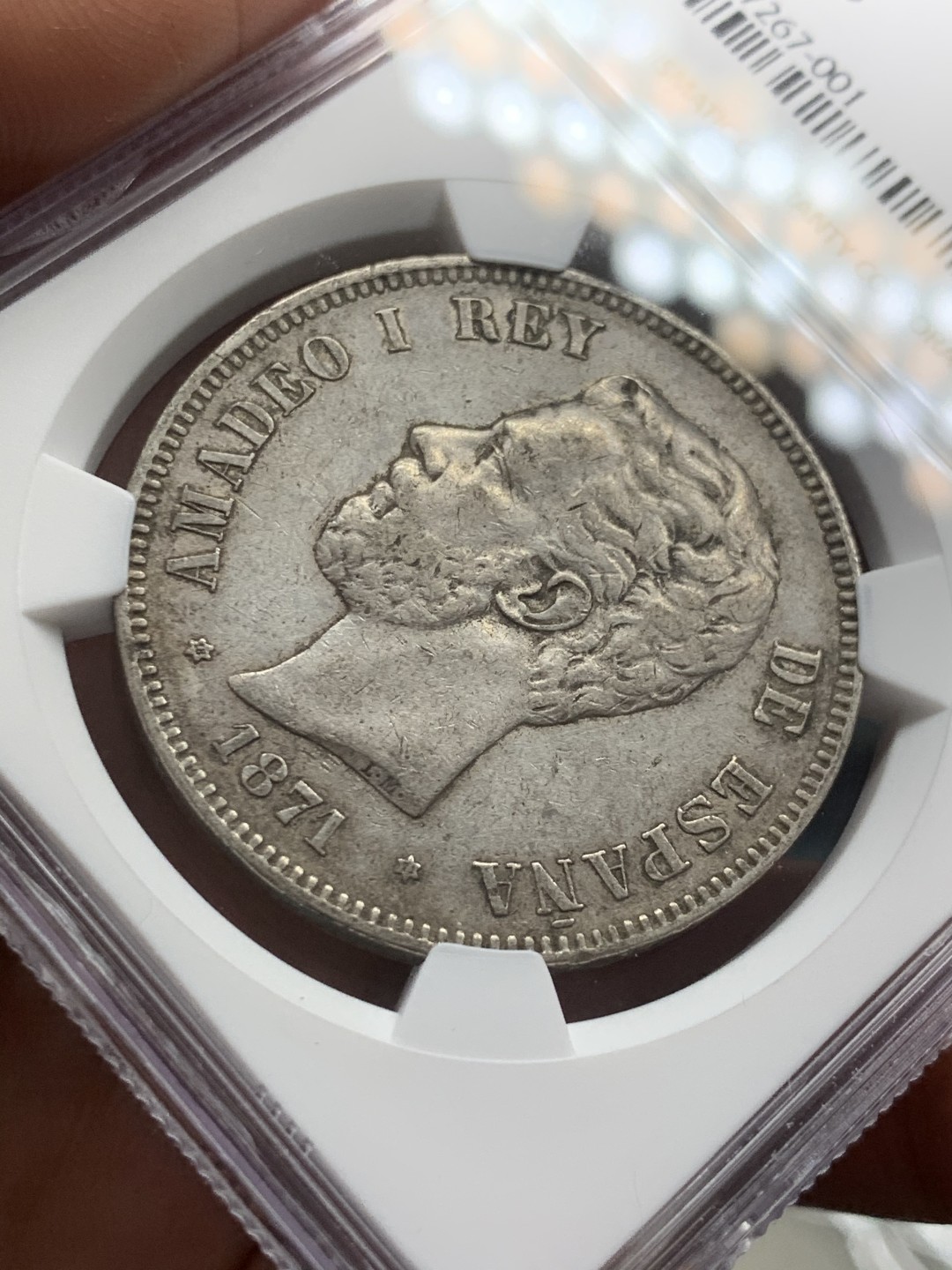 《竞宝斋》第39，40场-本周日，周一2场连拍（全场顺丰包邮） NGC-XF45 西班牙 1871年 阿玛德欧 5比塞塔双柱 大银币 原味好品 细节清晰