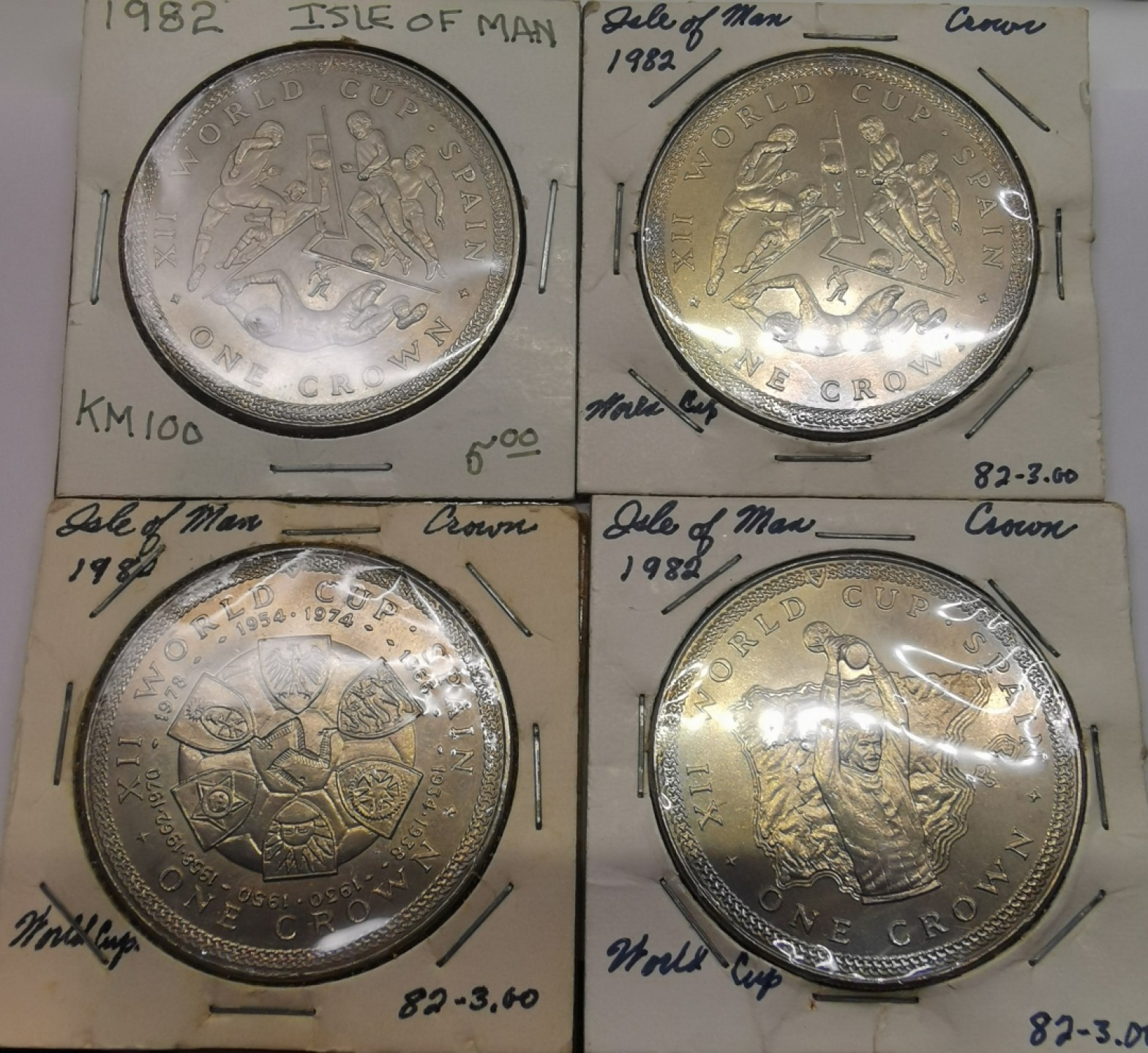 乐游外币首场自动拍卖—各国动物及世界杯足球币 1982马恩岛1克朗镍币四枚世界币足球赛