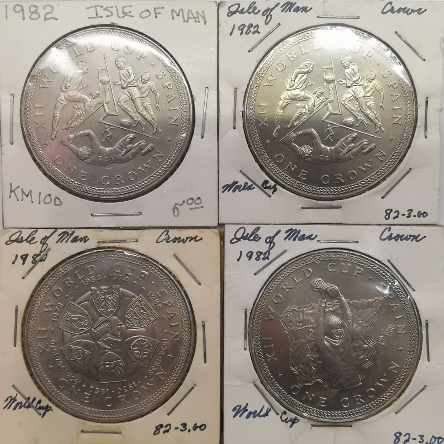 乐游外币首场自动拍卖—各国动物及世界杯足球币 1982马恩岛1克朗镍币四枚世界币足球赛