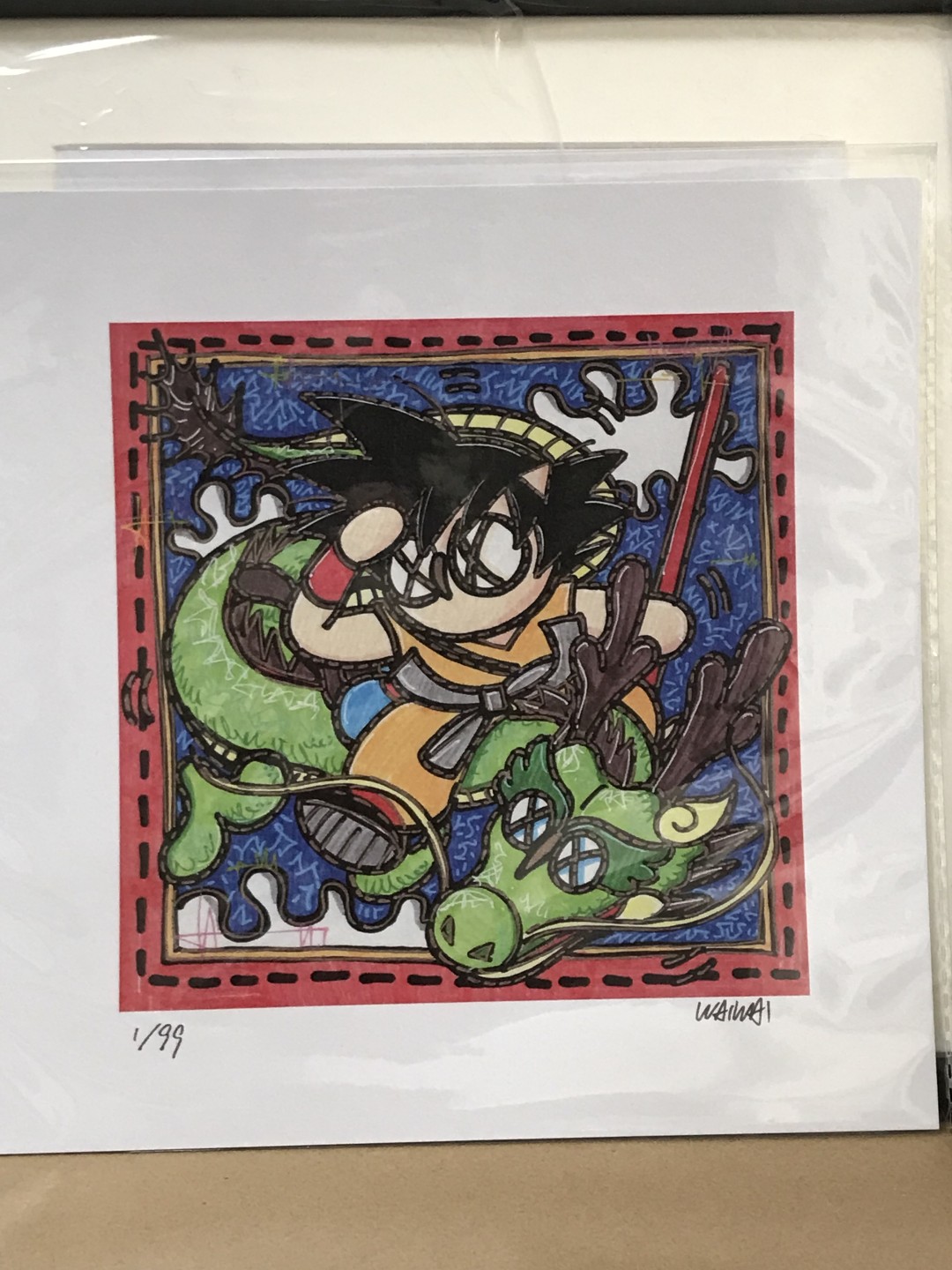 零元拍：歪歪亲笔签名 OWSON系列限量插画复制画《龙珠》，尺寸约22/22厘米，拍品不含镜框