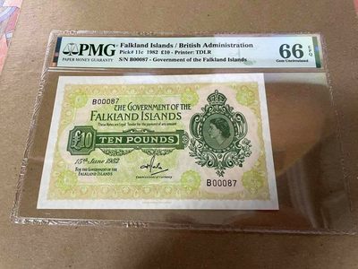 【Blue Auction】✨世界纸币精拍第168期——非洲五奶图（共93拍） - 【87小号】福克兰群岛 1982年10镑 女王纸币 最高值 PMG66EPQ 少见品种