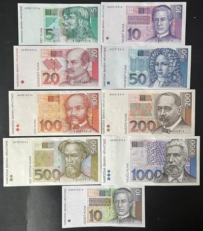 小福收藏拍卖第50期 裸钞庆典场 中拍就送奖品！全场礼品价值超过1000元！ 本期88拍 有克罗地亚全同小号大全套 拉斐尔 澳门赛车 伊朗阿富汗早期罕见品种 等多国精美纸币 - 克罗地亚 1993年 5 10 20 50 100 200 500 1000库纳+1995年10库纳 首发冠全同千位号 无47 数3  A0001031A 9张大全套 少见 克罗地亚明年开始使用欧元  入手好时机！！ unc